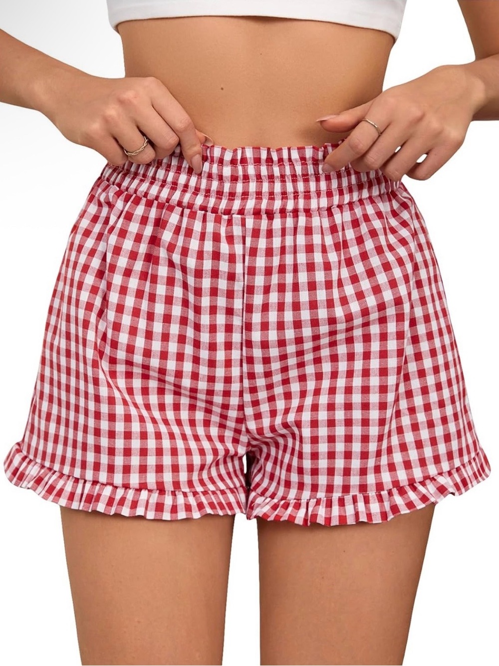 Red Gingham Ruffle-Hem Bermuda Shorts